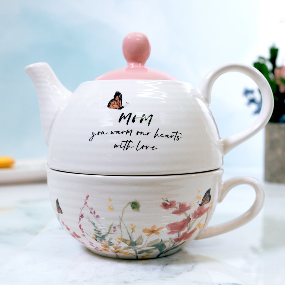 Tea for One, Teapot, Tea pot, for Mom - watercolor floral art by Amylee Weeks